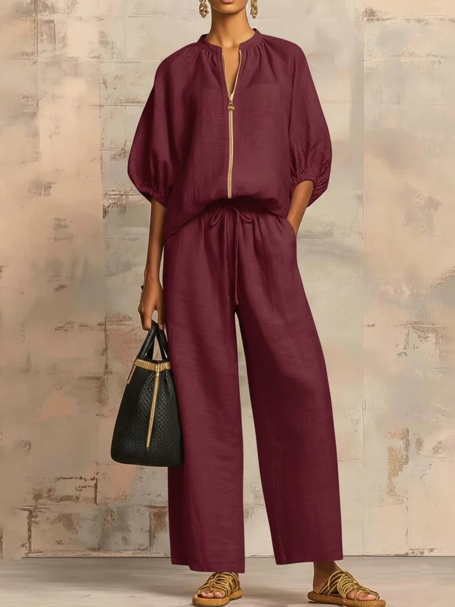 ✨⏰New Arrivals🔥 Stylish Cozy Zipper Shirt & Wide-Leg Pants Linen Cotton Two-Piece Set
