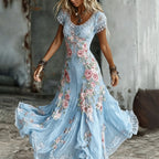 Women's Bohemia Rose Floral Embroidered Art Flowy Maxi Dress