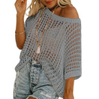 📦📦Short Sleeve Crochet Sweater Lightweight Summer Tops Loose Hollow Out Crewneck Pullover
