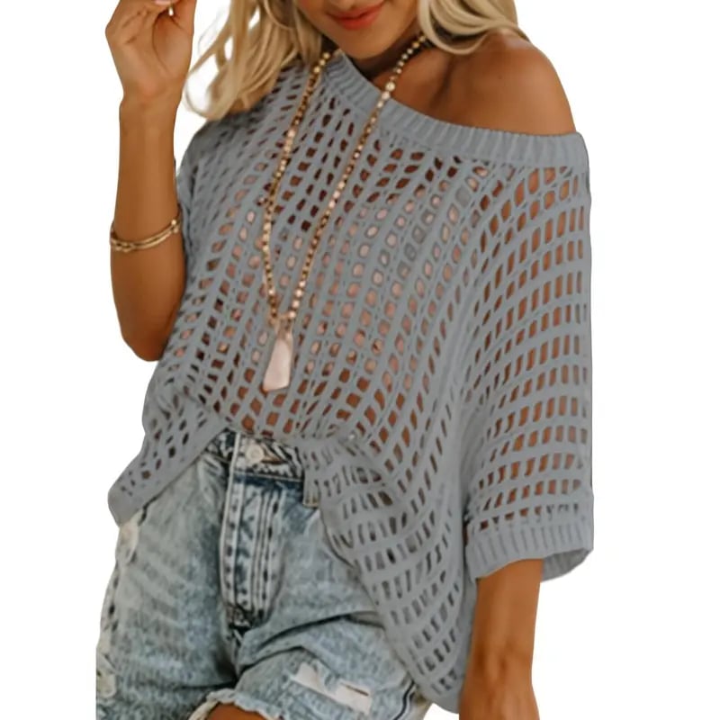 📦📦Short Sleeve Crochet Sweater Lightweight Summer Tops Loose Hollow Out Crewneck Pullover