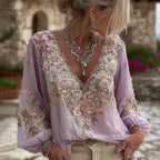 Women's Vintage Pink Floral Embroidered Art Pattern V-neck Long Sleeve Blouse