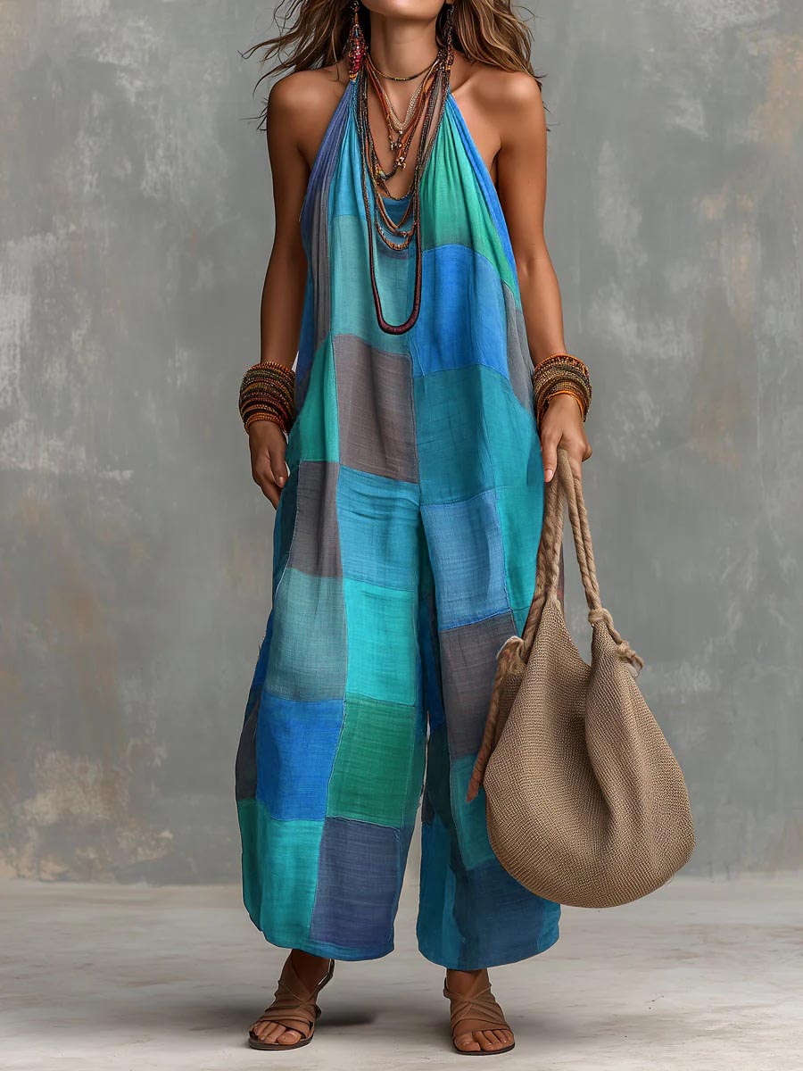 ✨⏰Women's Plaid-print Casual Loose Halter-neck Cotton-linen Wide-leg Jumpsuit