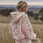 Women's Pink Flower Embroidery Art Long Sleeve Hoodie