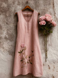 Vintage Classy Pink Rose Linen Tank Dress
