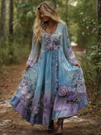 Vintage Classy Gradient Purple Lavender And Floral Embroidered Maxi Dress