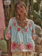 Women's Vintage Floral Art Embroidery Linen T-shirt