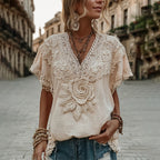 Women's Vintage Floral Art Print V Neck Short Sleeve Tops