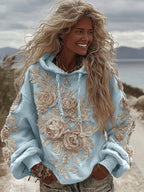 Women's Classic Romantic White Rose Embroidery Art Comfy Hoodie