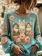 Vintage Fuzzy Cats Boho Floral Flowy Linen Tunic