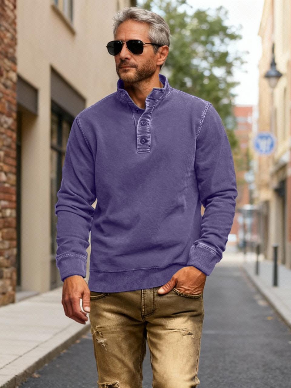 NEW🔥 Men's Retro Casual Stand Collar Button Solid Color Sweatshirt