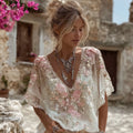 Women's Vintage Pink Flower Embroidered Art V-neck Short Sleeve T-shirt