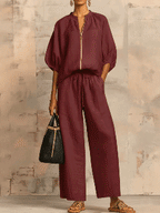 ✨⏰New Arrivals🔥 Stylish Cozy Zipper Shirt & Wide-Leg Pants Linen Cotton Two-Piece Set