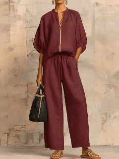 ✨⏰New Arrivals🔥 Stylish Cozy Zipper Shirt & Wide-Leg Pants Linen Cotton Two-Piece Set