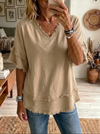 Women's Linen Blend Fringe V-Neck Top