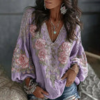 Women's Retro Floral Embroidered Art Print Flowy Linen Blend Casual Tops