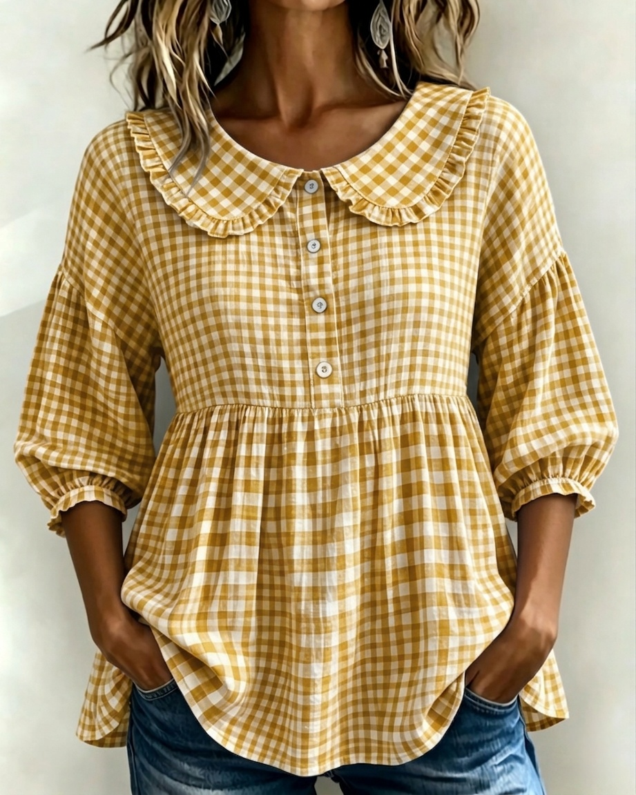 📦📦LAST DAY SAVE 49% ⏰Women's Gingham Puff Sleeve Peplum Blouse