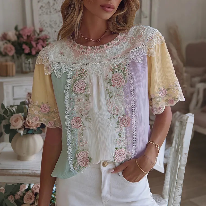 Women's Vintage Boho Floral Patchwork Art Round Neck Short Sleeve T-shirt