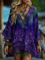 Vintage Classy Gradient Blue Rose And Floral Embroidered Pattern V Neck Long Sleeve Shirt