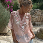 Women's Pink Cherry Blossom Embroidered Blended V-neck T-shirt