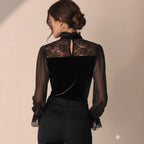 French Vintage Luxury Pure Desire Lace-patchwork Velvet Blouse