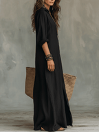 📦📦Mother's Day Sale 49% Off ⏰Black Button-Front Bohemian Shirt Maxi Dress