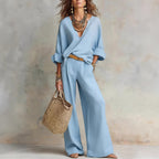📦📦LAST DAY SAVE 49% ⏰Women's Casual Linen Vacation Set – Three-Quarter Sleeve Top & Full-Length Pants