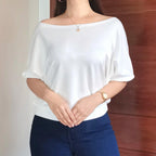 💝💝Elegant Off-Shoulder Batwing Sleeve Blouse – Soft Solid Color Casual Top