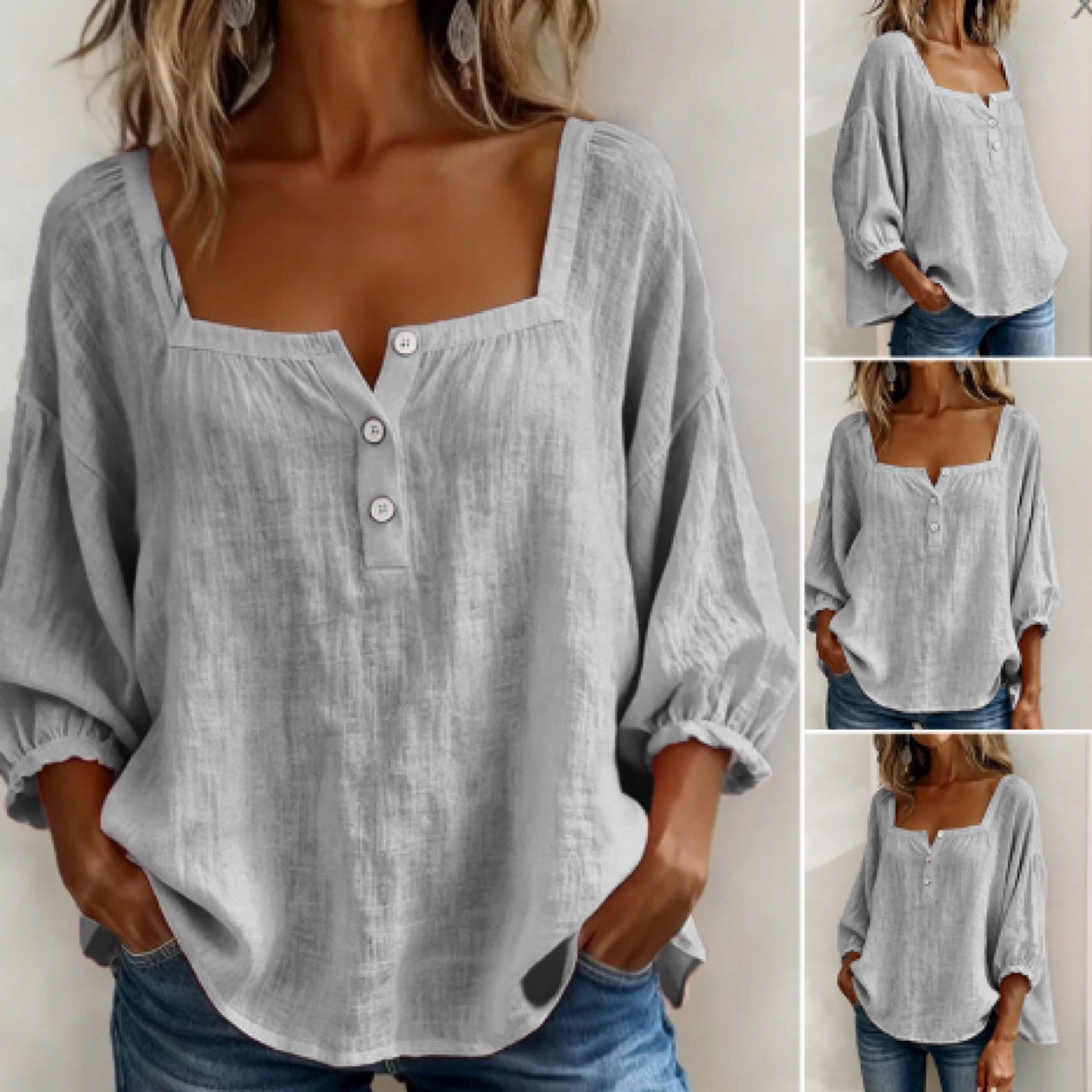 📦📦🌸Pink Square-Neck Half-Button Shirt