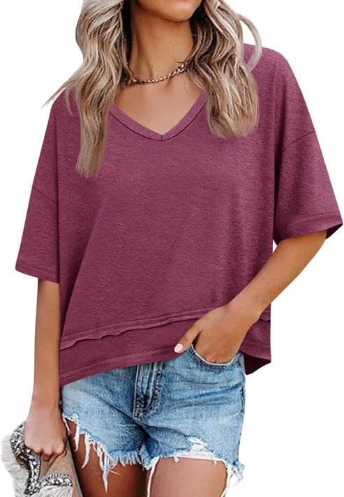 📦📦Womens Summer V Neck T Shirts Casual Short Sleeve Flowy Tops Cute Loose Fit Basic Tees Summervibes