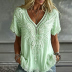 Women's Wing Rose Embroidery Art V Neck Short Sleeve T-shirt
