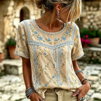 Women's Retro Floral Embroidered Patchwork Art Round Neck Linen Blend T-shirt