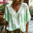 Women's Pink Cherry Blossom And Lace Art Embroidery Pink Tie-dye V-neck Long Sleeve Top
