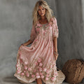 Women's Floral Roses Art Print Flowy Linen Blend Casual Short Sleeve Dress