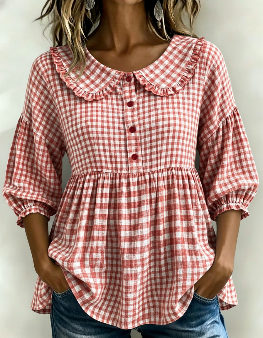📦📦LAST DAY SAVE 49% ⏰Women's Gingham Puff Sleeve Peplum Blouse