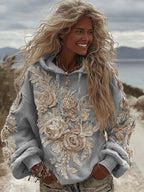 Women's Classic Romantic White Rose Embroidery Art Comfy Hoodie
