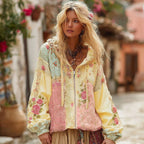 Women's Floral Embroidery Color Block Boho Casual Zip-up Hoodie