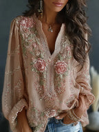 Women's Vintage Spring Floral Embroidered Art Print Flowy Linen Blend Casual Tops