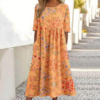Women's Floral Print Crew Neck Linen Blend Casual Midi Dress