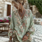 Women's Vintage Pink Floral Embroidered Art V-neck Long Sleeve Blouse