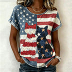 Retro American Flag Cats Patchwork Art Washed T Shirt