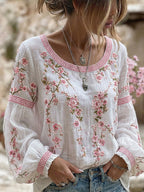Women's Japanese Flower Art Crew Neck Linen Blend T-shirt