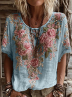 Women's Pink Rose Embroidery Art Round Neck Short Sleeve Linen Blend T-shirt