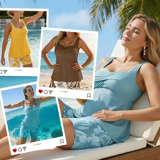 📦📦Two-piece Body Covering Surplice Tankini Printed Boxer Swimsuit