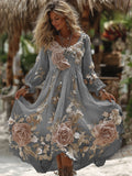 Women's Vintage Romantic White Rose Embroidery Art Comfy Linen Maxi Dress