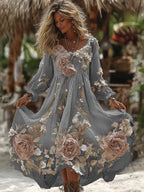 Women's Vintage Romantic White Rose Embroidery Art Comfy Linen Maxi Dress