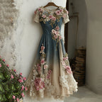 Women's Retro Pink Rose Embroidered Gradient Art Round Neck Short Sleeve Maxi Dress