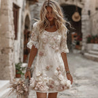 Women's Vintage Roses Art Print Flowy Linen Blend Casual Short Sleeve Mini Dress