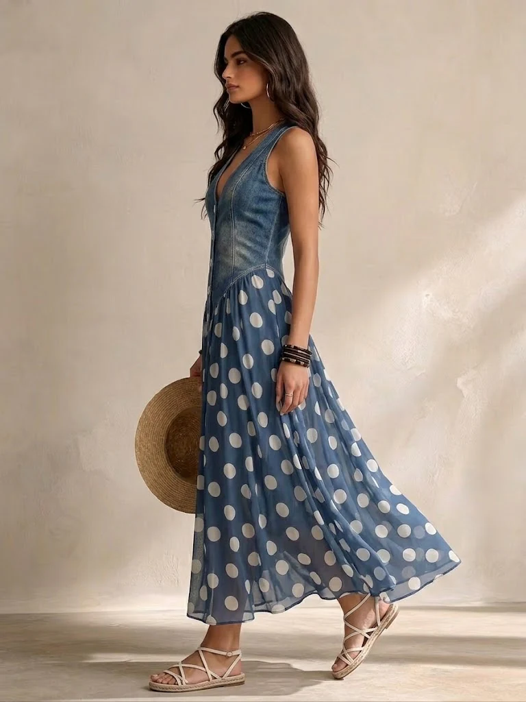 💝💝Stylish Casual Sleeveless Denim Dress With Polka-dot Chiffon Paneling