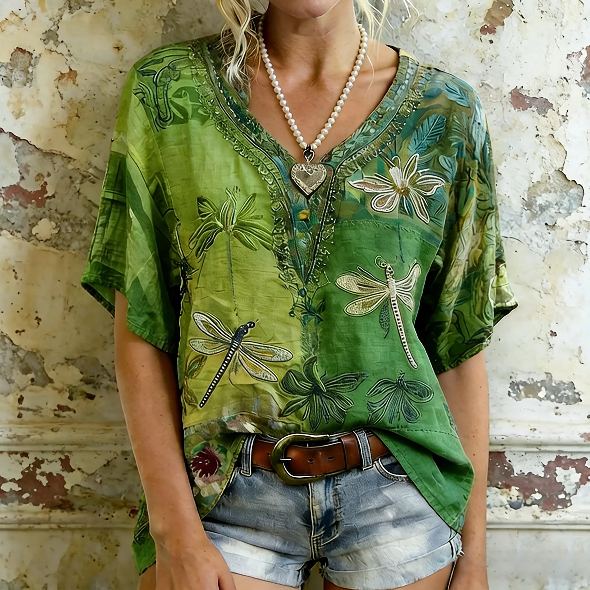 Women's Dragonfly And Floral Art  Flowy Linen Blend Short Sleeve Tops