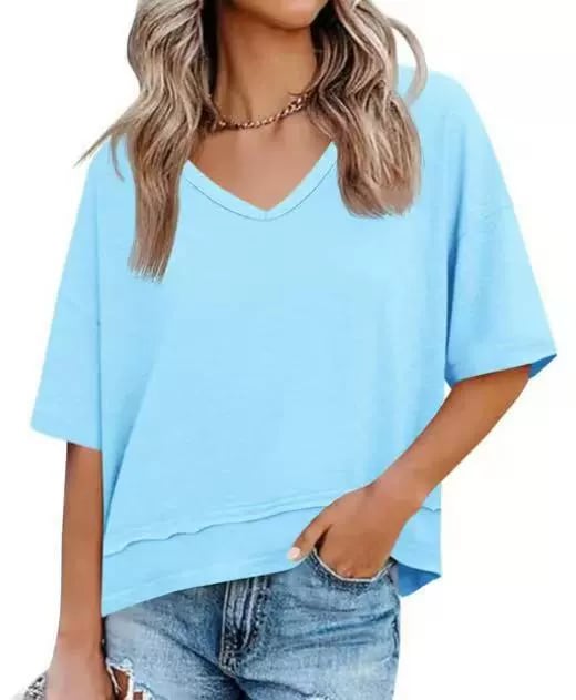 📦📦Womens Summer V Neck T Shirts Casual Short Sleeve Flowy Tops Cute Loose Fit Basic Tees Summervibes